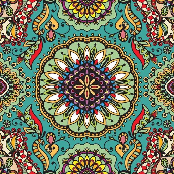 Colorful symmetrical mandala with ornate floral patterns on turquoise background