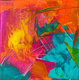 Abstract painting with vibrant orange, pink, turquoise and yellow brushstrokes in bold expressive style
