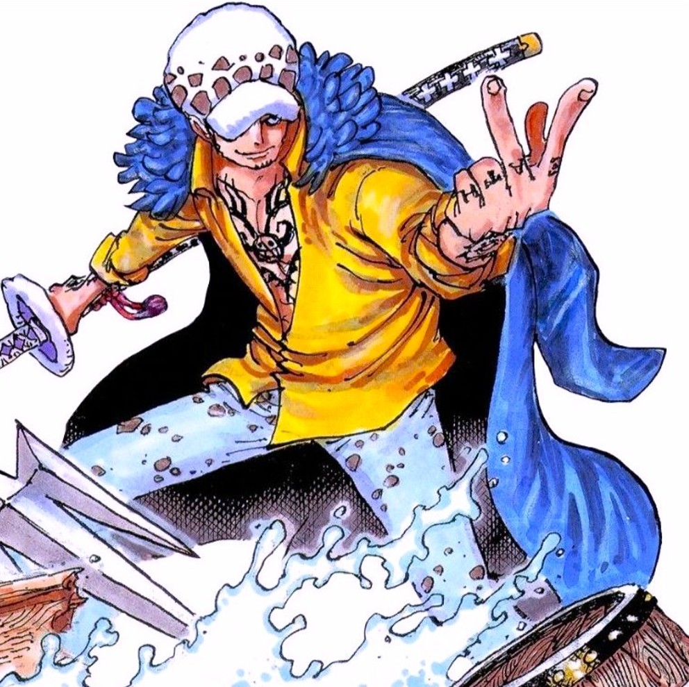Anime character with spotted hat, yellow jacket, and sword in dynamic pose with flowing blue cape over water