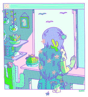 Pastel illustration of girl with long hair sitting by window surrounded by potted plants and cacti