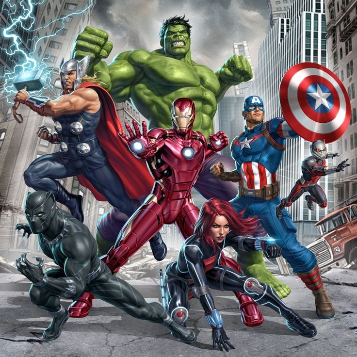 Marvel Avengers superheroes in action pose with city background