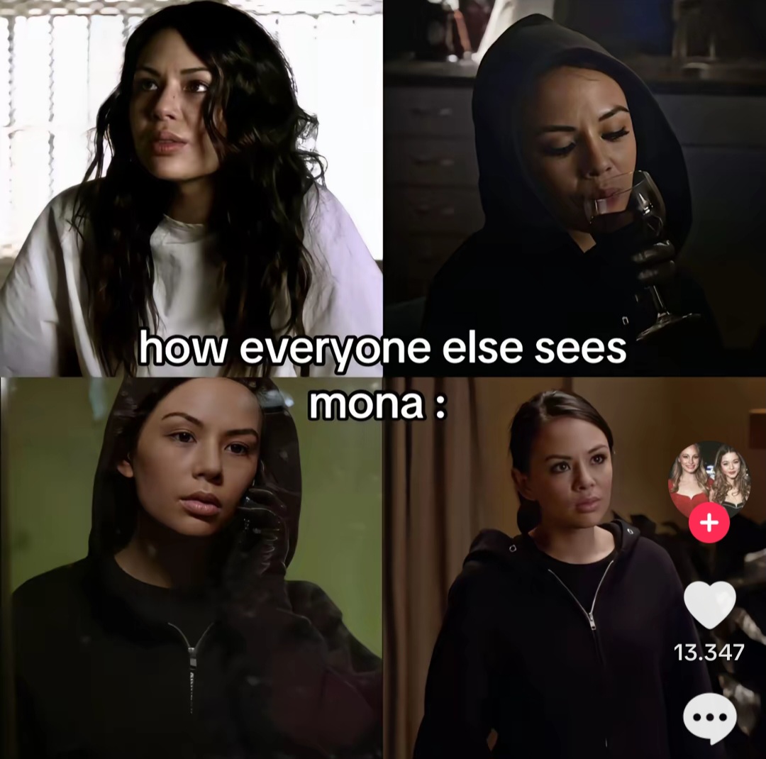 Four-panel meme collage of a woman in a black hoodie with text about Mona