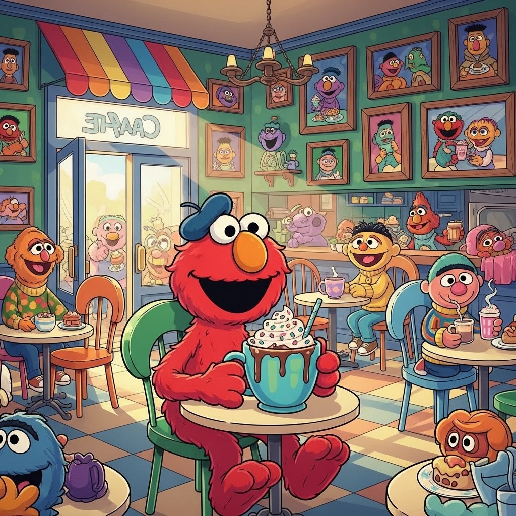 Cartoon cafe interior with Elmo and other colorful puppet characters sitting at tables