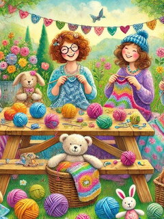 Two girls with curly hair knitting together at a wooden table filled with colorful yarn balls and craft supplies