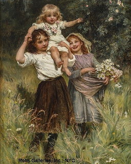 Painting of three children in a grassy meadow, one carrying a smaller child and one holding white flowers.