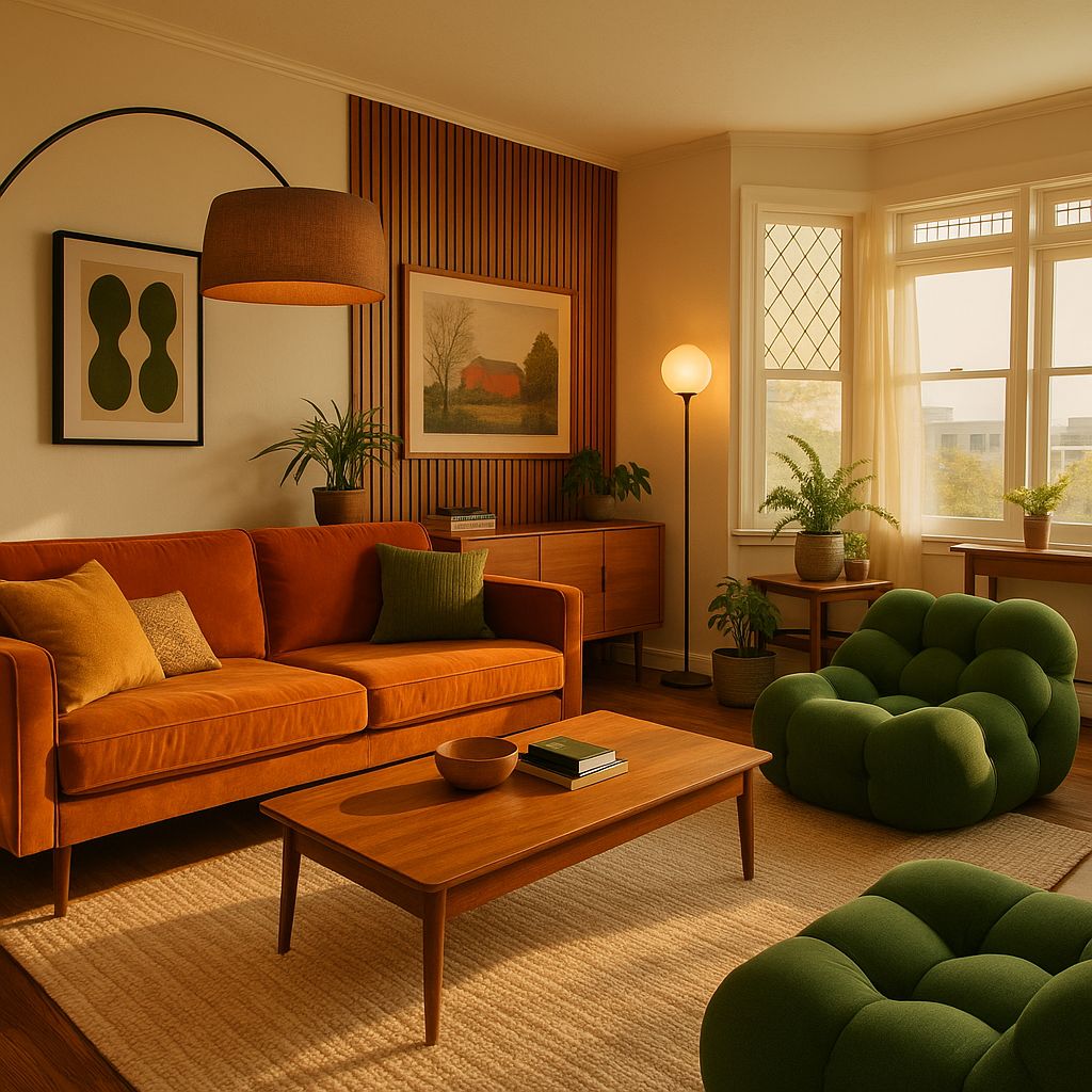Retro living room with orange couch, green bubble chairs, wooden table, and large windows with warm sunlight
