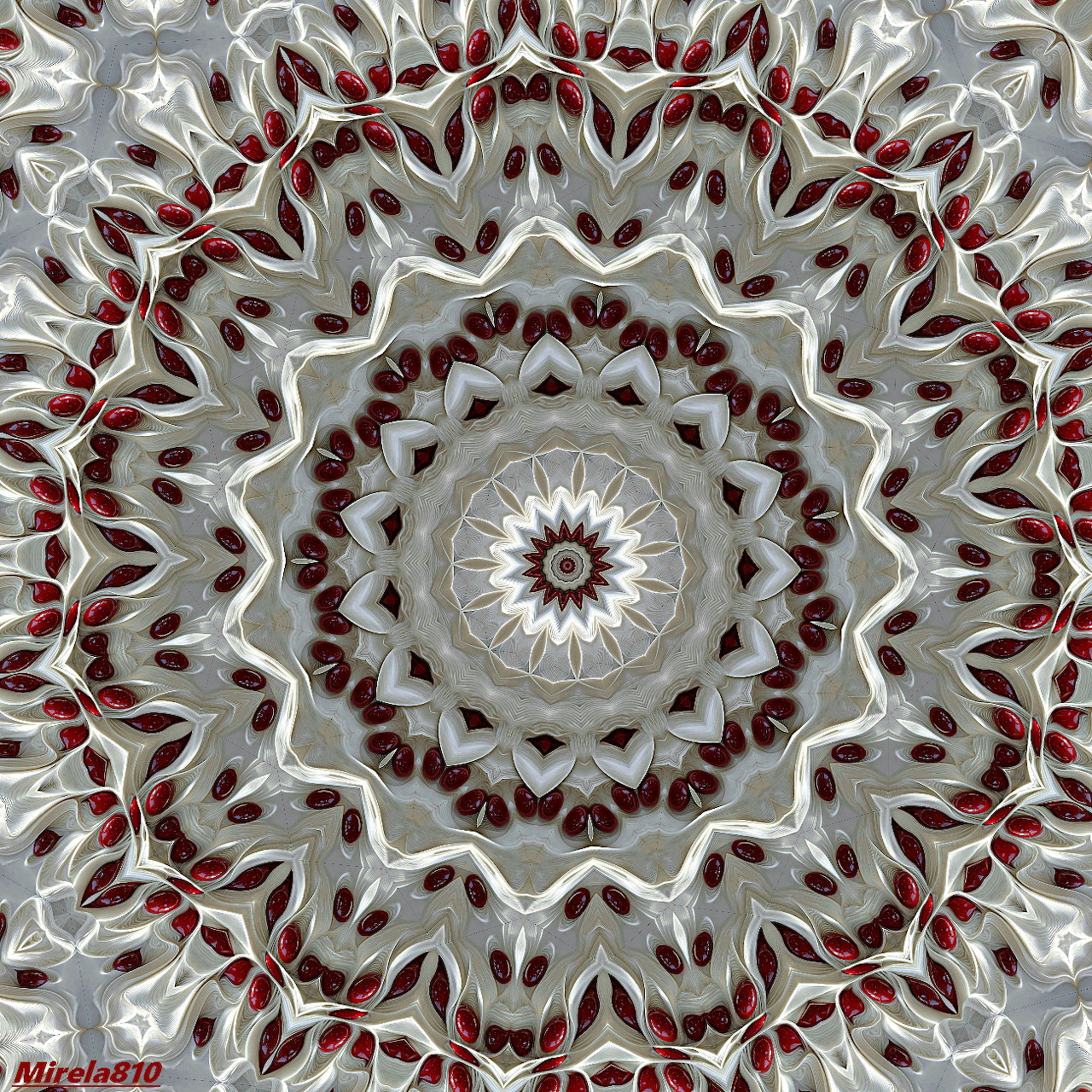 Detailed symmetrical mandala with red, white and gray geometric patterns in concentric circles