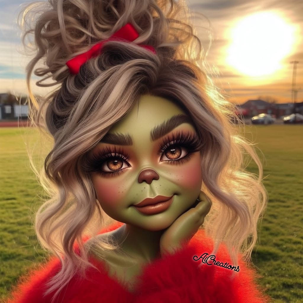 Stylized green-faced girl with blonde curly hair and a red bow posing in a grassy field at sunset