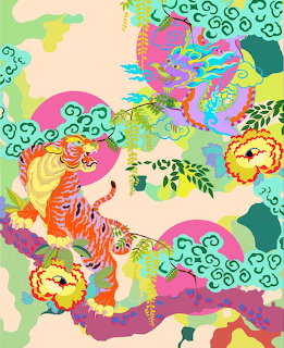 Colorful illustration of a tiger and pink dragon with peonies and swirling clouds in Asian style