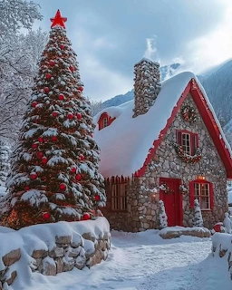 Snow-covered stone cottage with red accents and Christmas tree in winter mountain setting