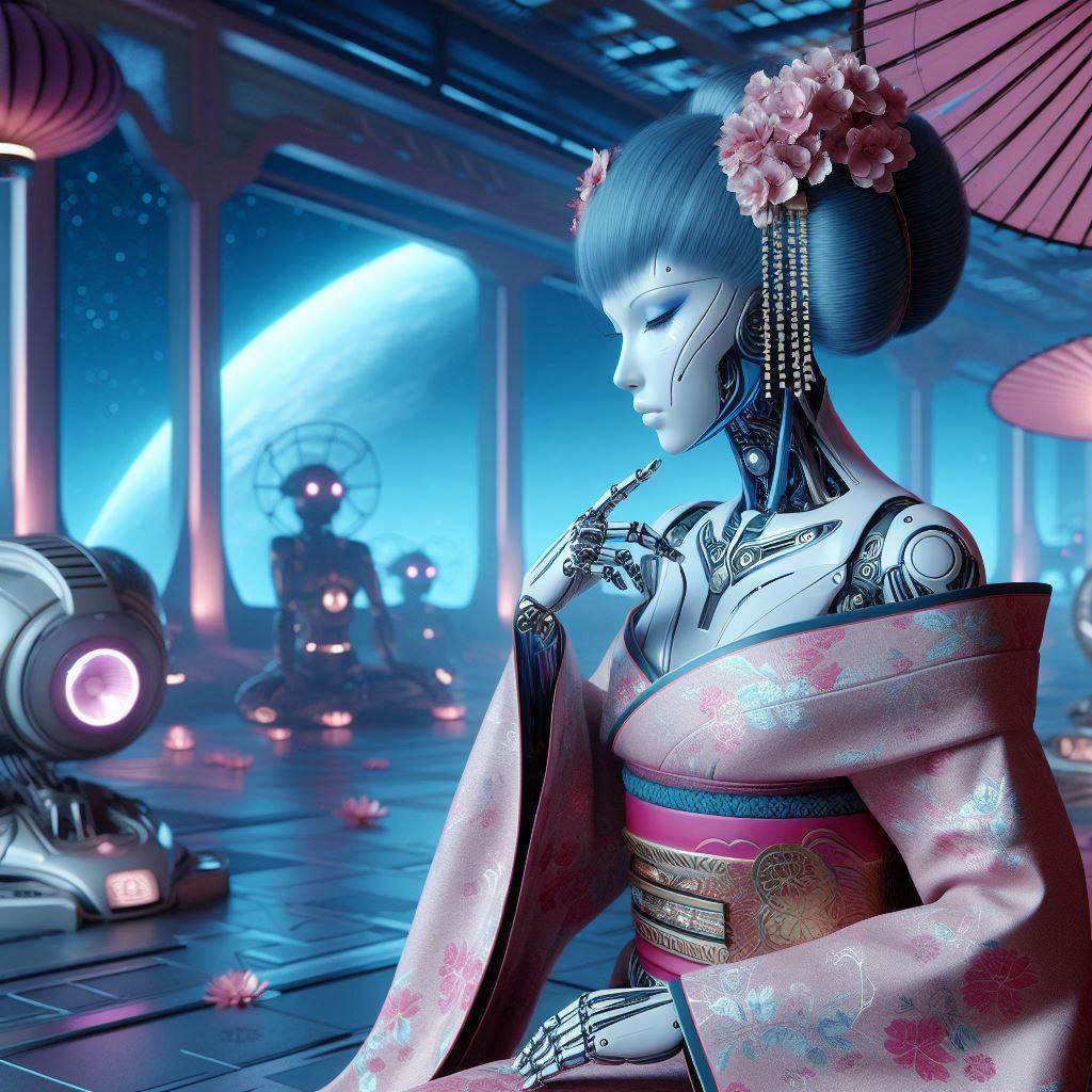 Blue-skinned android woman in a pink kimono in a futuristic room with a planet outside
