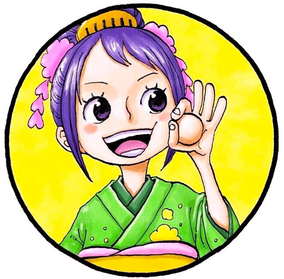 Smiling anime girl with purple hair in green kimono making OK sign against yellow circular background