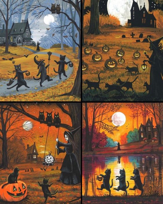 Four-panel Halloween collage with trick-or-treaters, haunted houses, pumpkins, and black cats in moonlit autumn settings