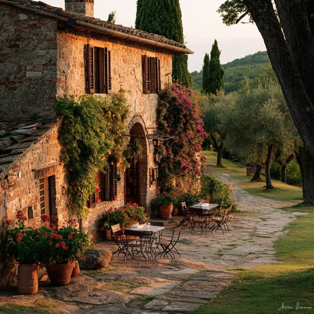 Rustic Italian stone cottage with cypress trees and terrace furniture at sunset