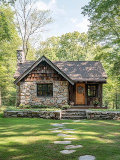 Small stone cabin with wood accents and front porch in a grassy forest clearing