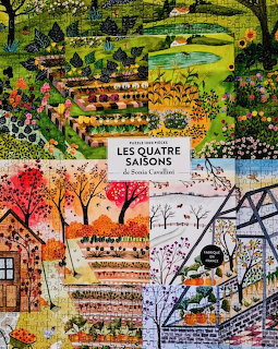 Illustrated collage of four seasonal garden scenes with flowers, trees, paths, and a central Four Seasons label