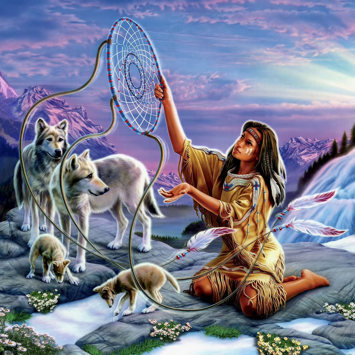 Painting of a woman with a dreamcatcher and white wolves in a snowy mountain landscape