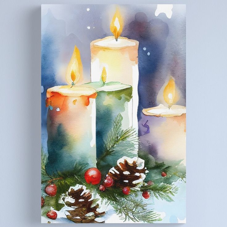 Watercolor painting of three lit candles surrounded by pine cones, holly berries, and evergreen sprigs
