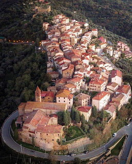 Aerial view of Scarlino village with red-tiled roofs clustered on a hilltop surrounded by forest