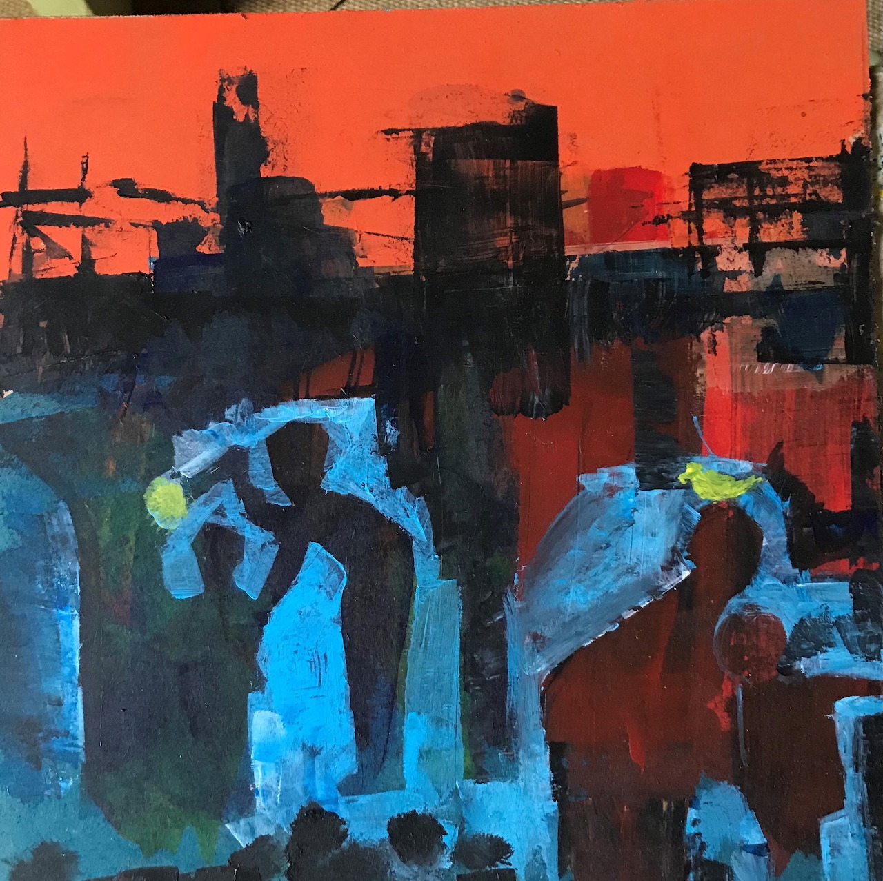 Abstract painting with blue figures on orange-red background and dark shapes