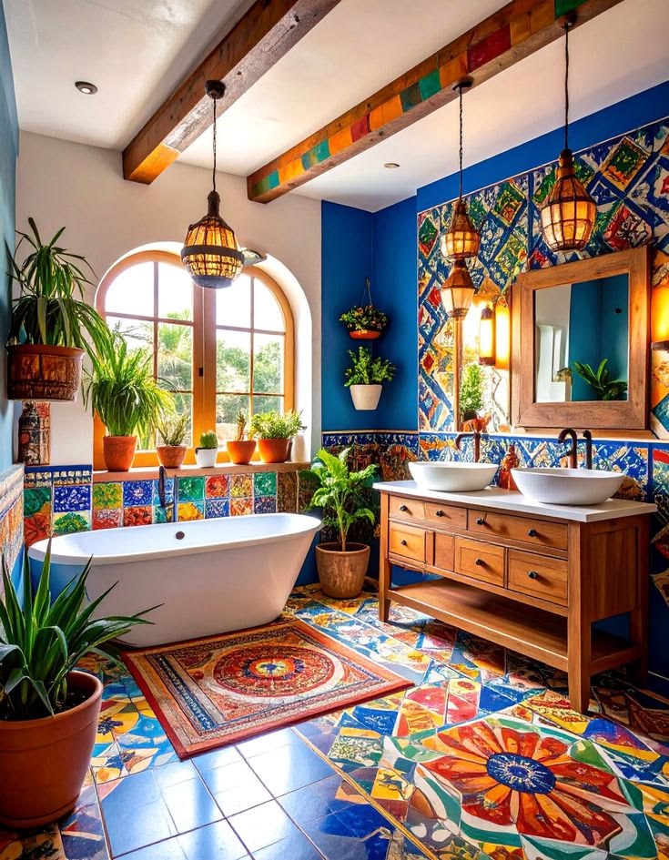 Colorful tiled bathroom with a bathtub, wooden vanity, plants, and arched windows