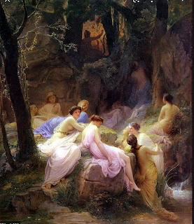 Classical painting of nymphs in white dresses bathing by a forest pool surrounded by trees
