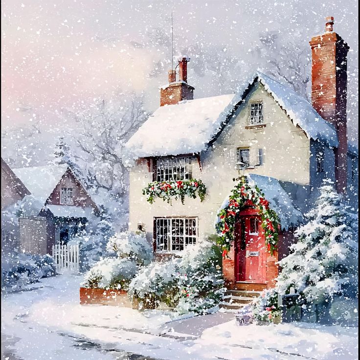 Watercolor cottage with snow, red door, Christmas wreath, and glowing windows in winter setting