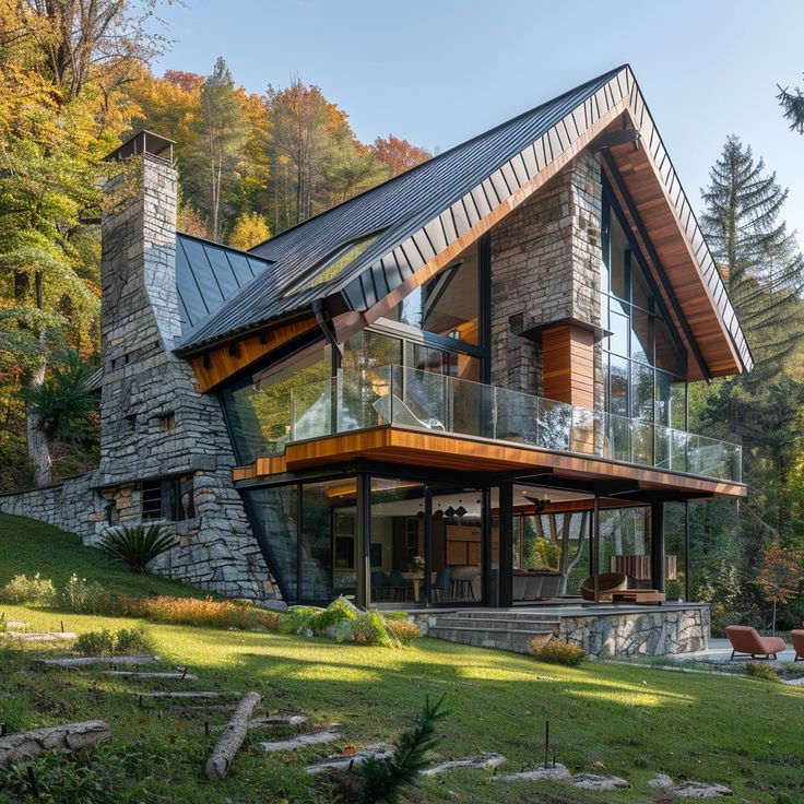 Modern A-frame house with stone walls and glass balconies in mountain forest setting