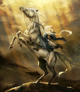 Anime character with blonde hair riding a rearing white horse in dramatic golden lighting