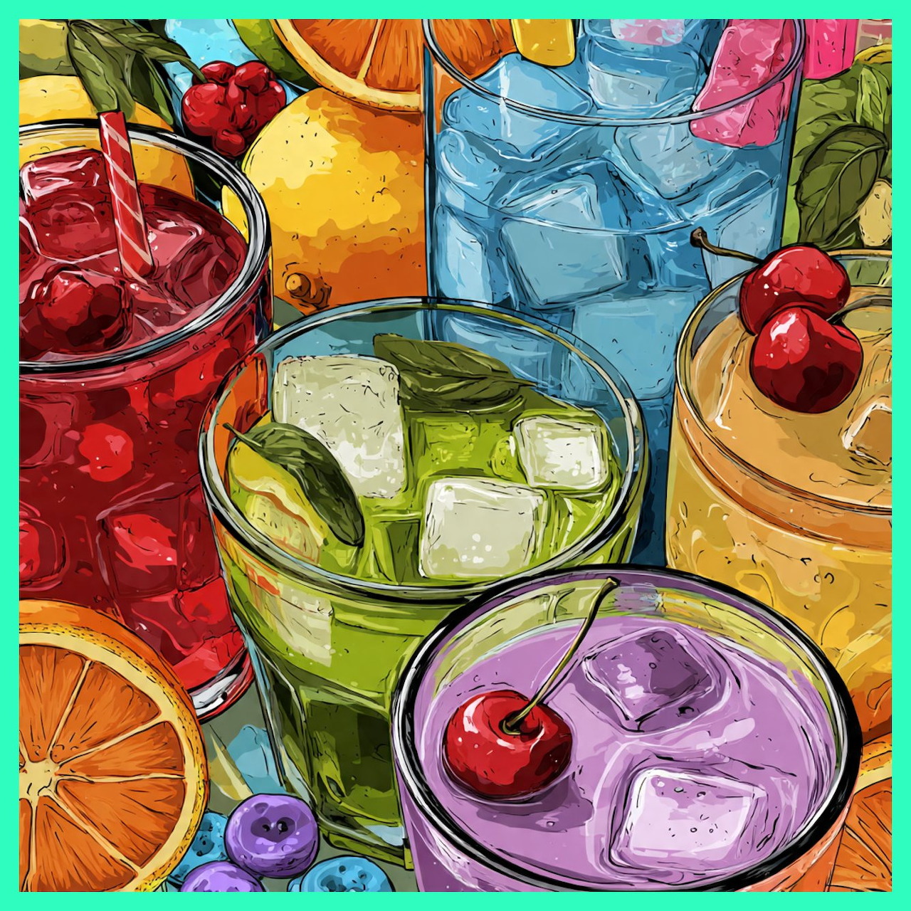Colorful illustrated drinks with ice, cherries, and fruit garnishes in glasses