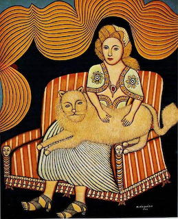 Folk art painting of woman holding orange cat on striped chair with decorative wavy border