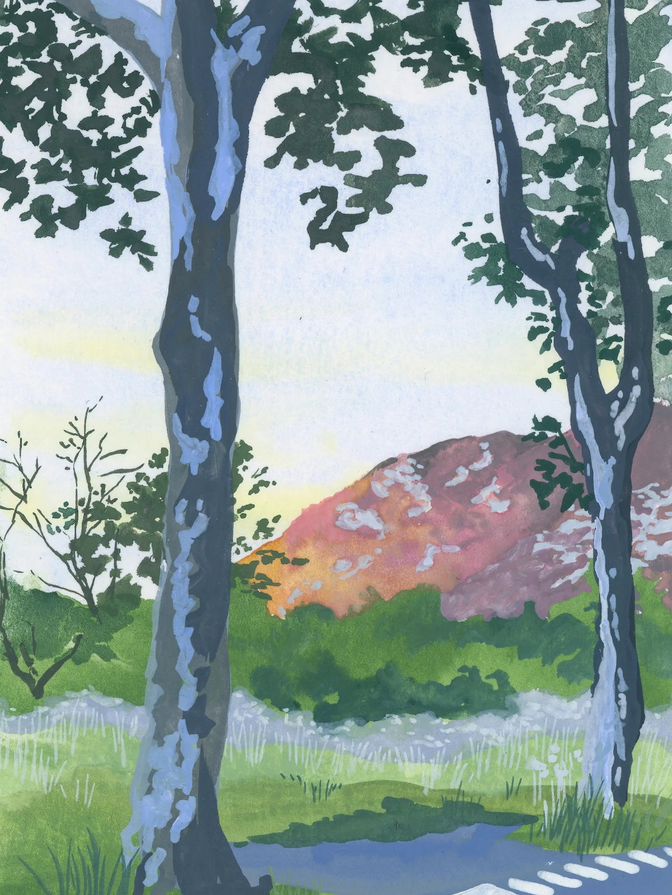 Watercolor painting of birch trees with green leaves framing a sunset landscape with pink mountain