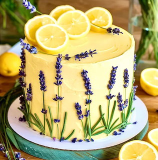 Yellow frosted cake with lavender sprigs and lemon slices on top, surrounded by lemons