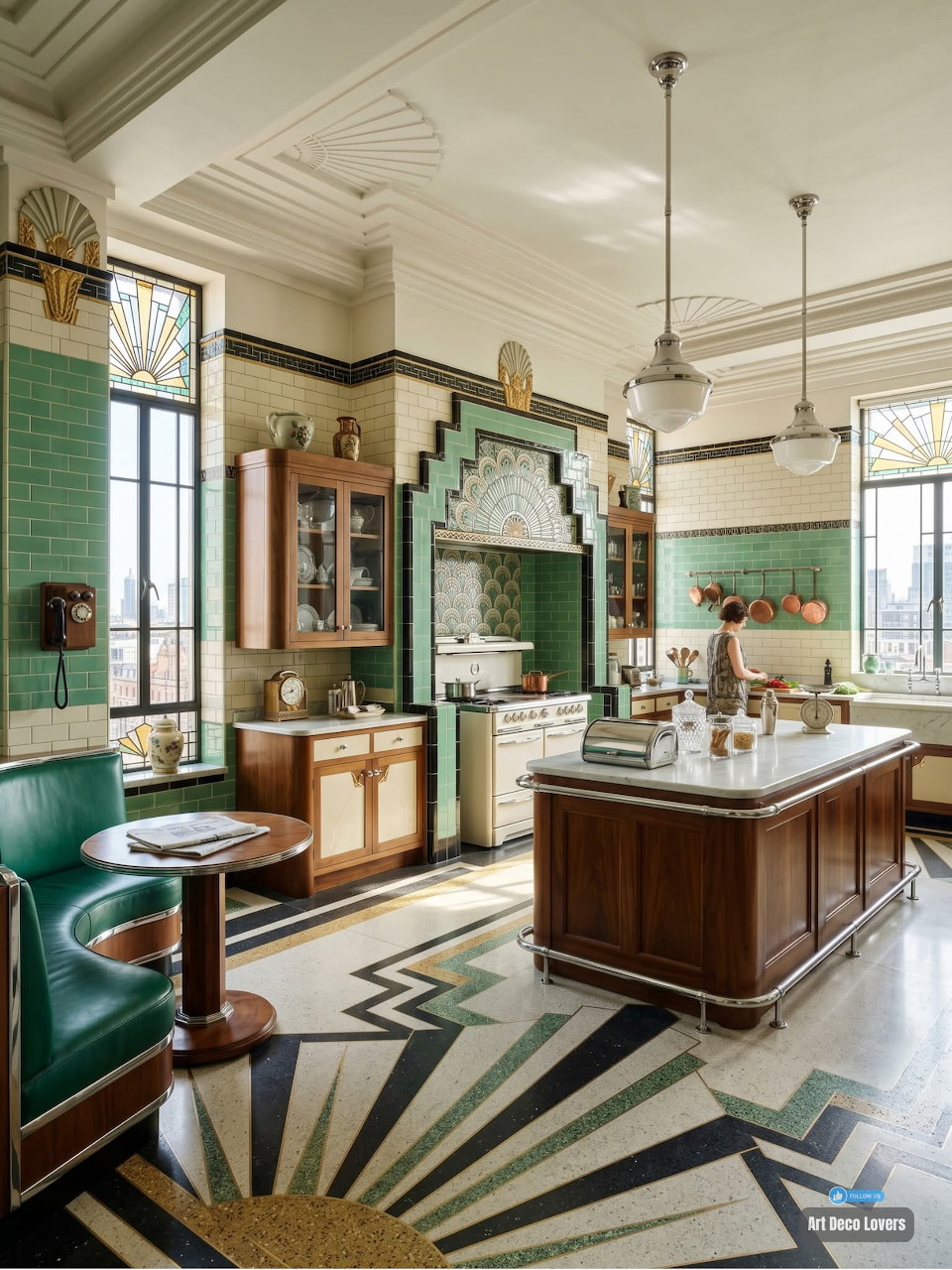 Art deco style kitchen with green tiles, geometric black and white floor, wood island, and pendant lighting