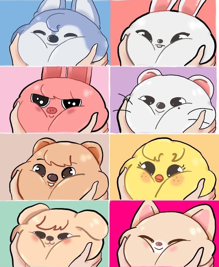 Grid of eight cute cartoon animals with pinched cheeks in colorful squares showing different expressions