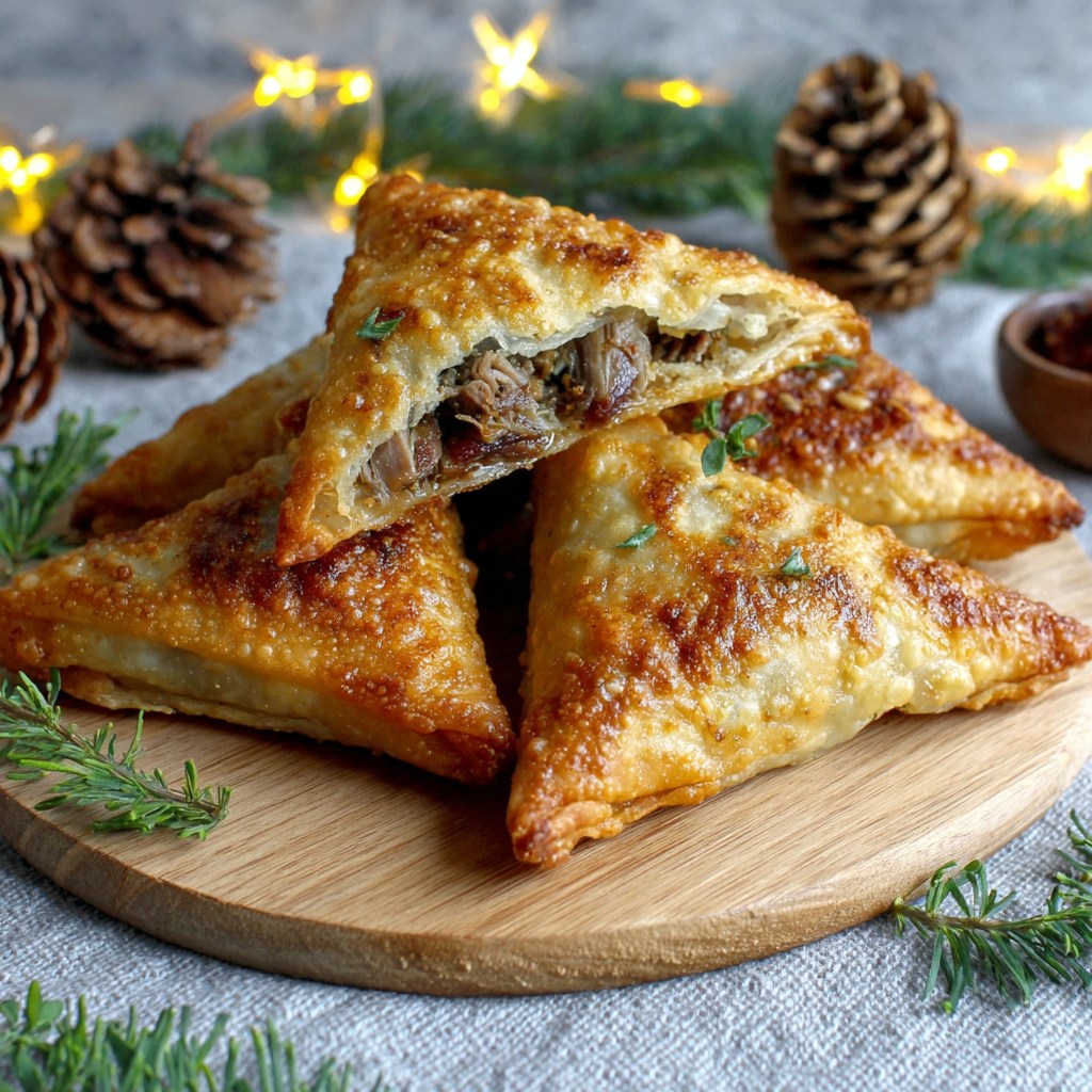 Three golden triangular pastries with savory filling on wooden board, decorated with pine cones and greenery