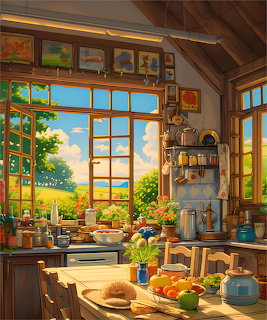 Warm rustic kitchen with wooden beams, large sunny windows, plants, and fresh food on wooden counter