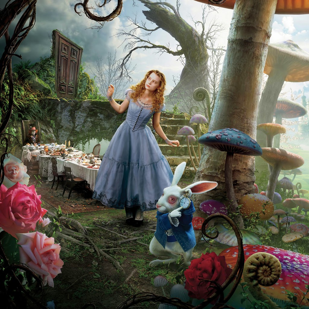 Alice in blue dress at whimsical tea party with White Rabbit and Cheshire Cat in fantasy forest with floating objects
