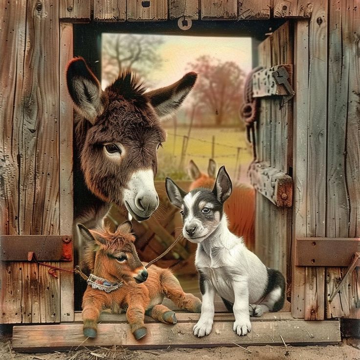 Donkey, dog, and calves posing together in wooden barn doorway with countryside view
