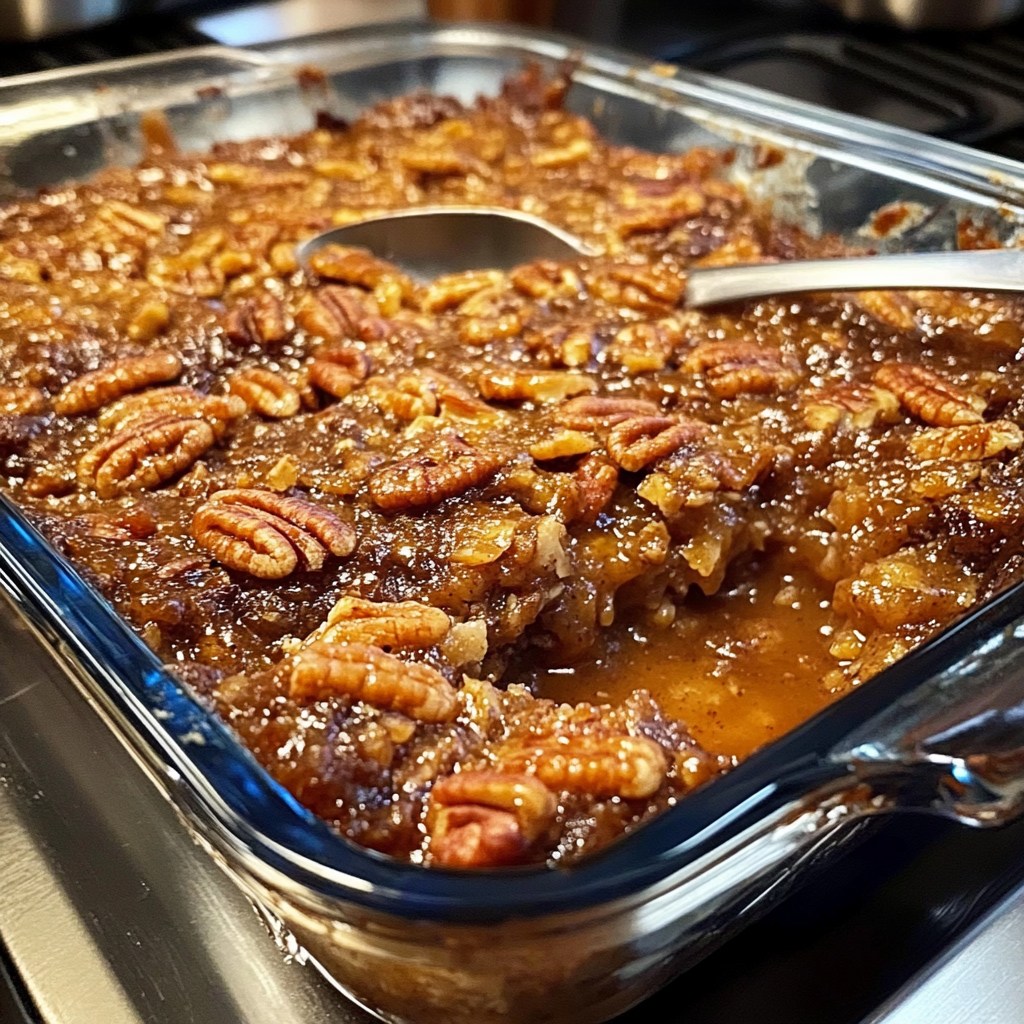 Pecan pie with whole pecans in caramel filling in glass baking dish