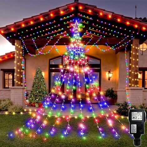 Outdoor Christmas tree made of cascading multicolored LED string lights on house front porch at night