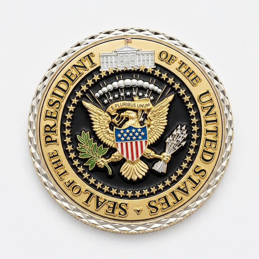 Gold and black presidential seal coin on a white background
