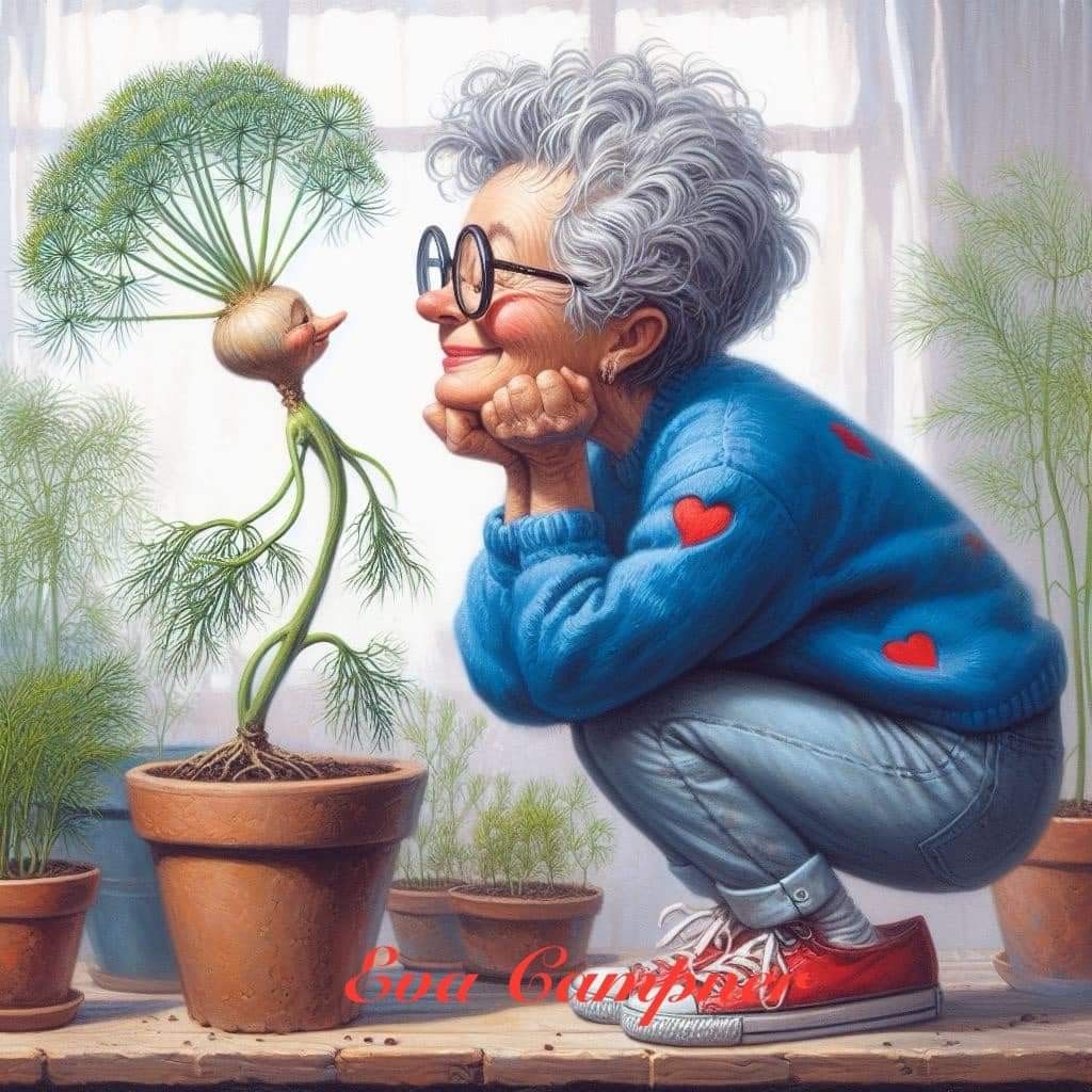 Illustration of an elderly woman in glasses smiling at a whimsical potted plant with a face