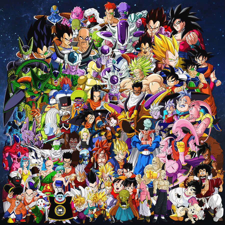 Collage of Dragon Ball anime characters including Goku, Vegeta, Piccolo, Frieza, and other series characters