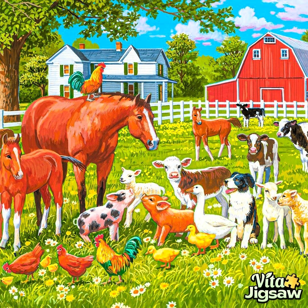 Various farm animals including horses, cows, goats, chickens and ducks grazing in front of a red barn and white house