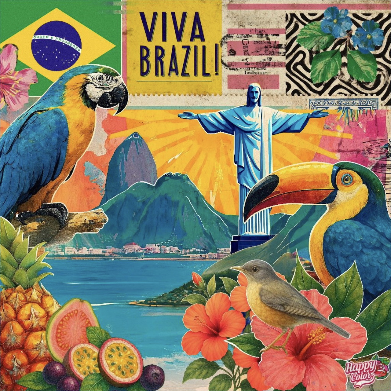 Colorful Brazil collage with parrots, toucan, Christ the Redeemer, tropical flowers, fruit, and Rio scenery