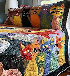 Colorful cat-themed quilt and pillow shams on bed with stylized feline designs in multiple colors