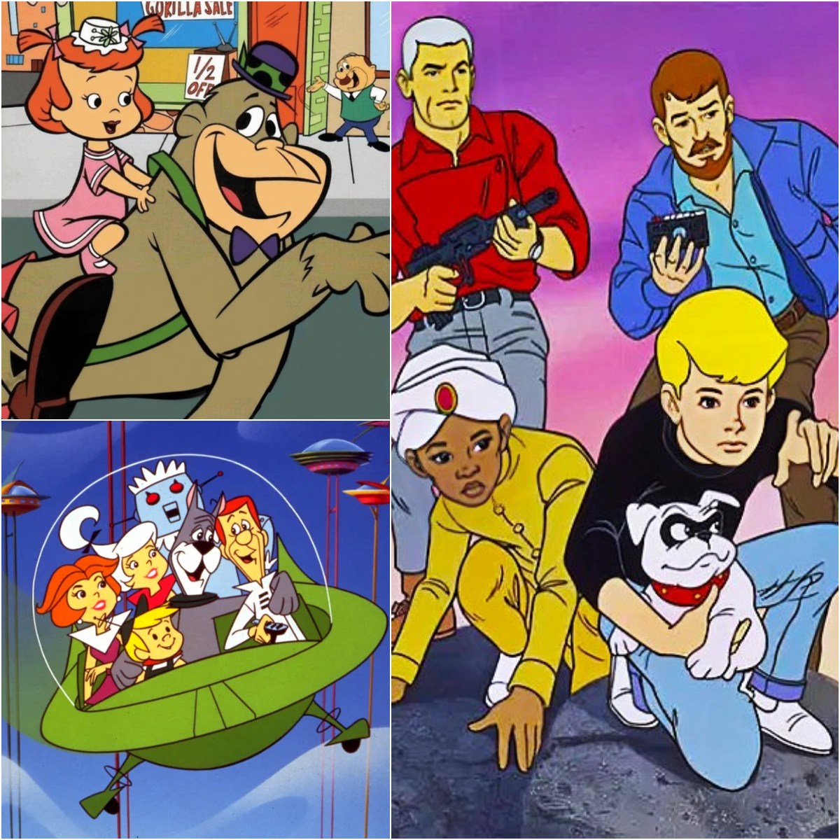 Collage of four 80s cartoon scenes with Magilla Gorilla, Jony Quest, The Jetsons, and other animated characters