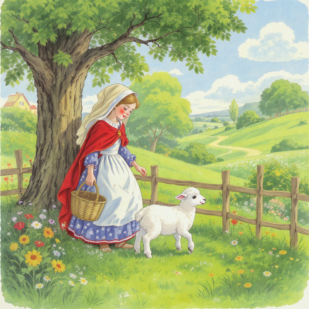 Girl in red cape and white dress standing with white lamb under tree in green countryside with flowers