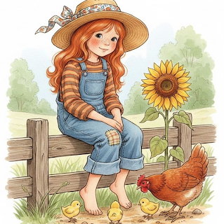 Girl with Sunflower and Chickens